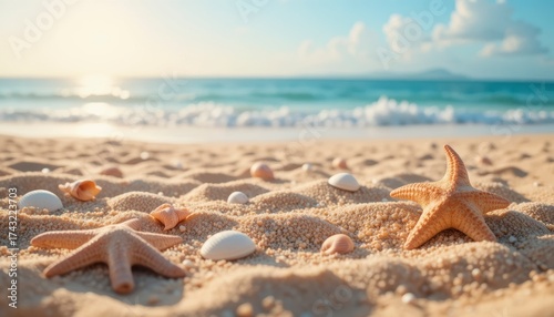 Closeup of starfish and seashells scattered on a sandy beach with gentle waves and a bright sunny sky in the background, evoking a tropical paradise