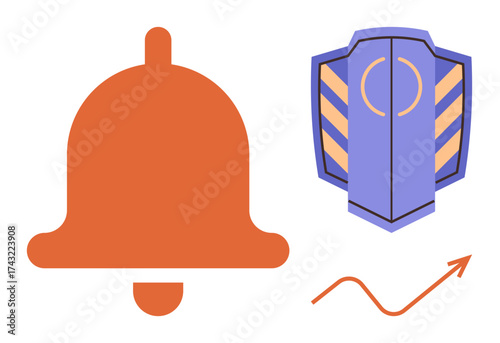 Orange notification bell, striped security shield, and red rising arrow symbolizing alerts, protection, and success. Ideal for technology, finance, communication, security achievement progress