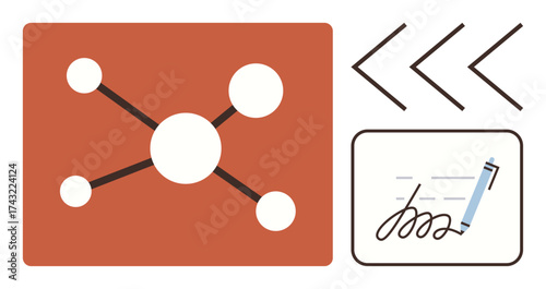 Network nodes connected on grid, pen signing document, directional arrows conveying process. Ideal for communication, networking, process flow, digital connectivity, teamwork, data transfer