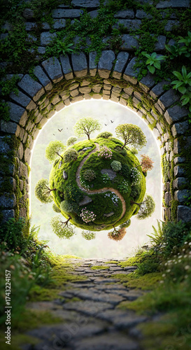 Moss-Covered Stone Archway Portal Opening into Pocket-Planet Garden – Fantasy Photo realistic Scene