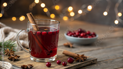 Warm spiced cranberry juice in a clear glass, front view, cinnamon stick inside, bokeh winter lights in background, copy space above.