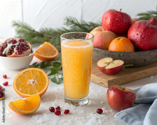 Front-facing glass of fresh orange juice with condensation, surrounded by winter fruits (oranges, pomegranate, apples), soft natural lighting, cozy background