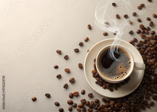 Flat lay of coffee cup, beans scattered artistically, neutral light background, large copy space on left side.