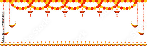 Vector illustration of beautiful marigold flower garland with diya on transparent background