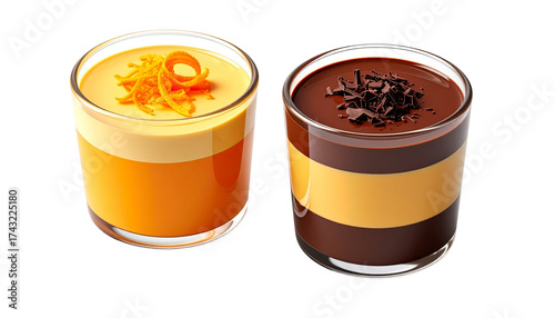  Pair of gourmet layered chocolate–orange pudding jars with cream topping isolated on transparent background