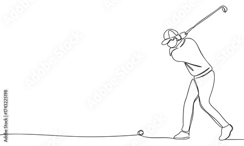 Golfer swinging, one-line art, minimalist illustration.