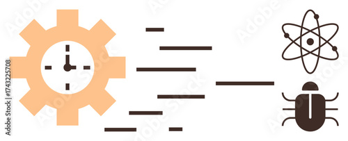 Gear with integrated clock, atom, moving code lines, and bug symbol illustrate coding, debugging, time management, and innovation. Ideal for efficiency, programming science technology
