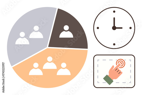Segmented pie chart with team icons, clock symbol for time awareness, and hand selecting interface. Ideal for teamwork, workflow, scheduling, productivity, planning, decision-making and strategies
