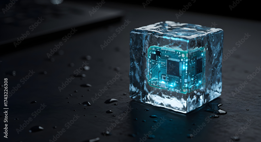 Fototapeta premium Frozen Microchip in Ice Cube Symbolizing Technology Freeze and Data Security Concept
