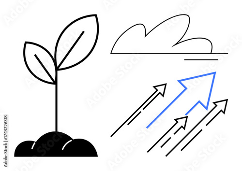Young plant sprouting from soil, a cloud above, and upward arrows representing progress, growth, and success. Ideal for sustainability, innovation, startups, ecology motivation education simple