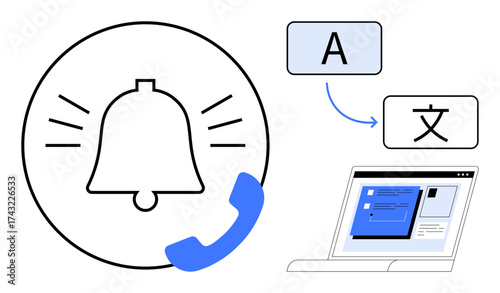 Bell for alert notifications, phone, multilingual symbols, and laptop with digital content. Ideal for communication, translation, alerts, language learning, accessibility global reach simple flat