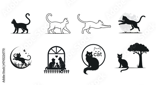 Collection of stylized cat silhouettes in various poses, perfect for logo designs.