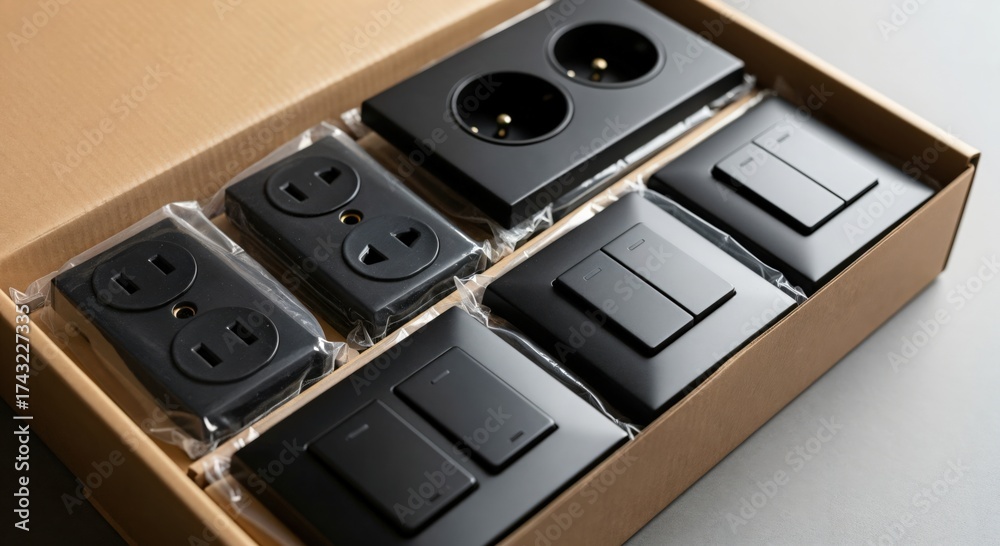 Fototapeta premium Modern black electrical outlets and light switches neatly packaged in a cardboard box, ready for home renovation and installation projects.