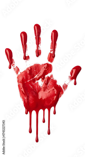 A single, vivid red handprint with dripping liquid, resembling blood, Isolated on transparent background, png.