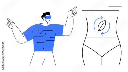 Man in VR headset interacts with digital body interface, pointing at anatomical diagram. Ideal for healthcare, training, innovation, education, body wellness, tech and futuristic themes. Simple flat