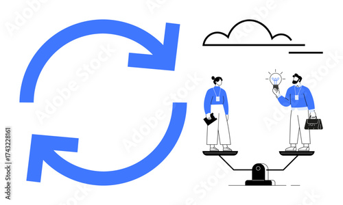 Two people balancing on a seesaw holding a light bulb and documents, surrounded by circular arrows and a cloud. Ideal for teamwork, collaboration, innovation, balance, ideas, progress, equality