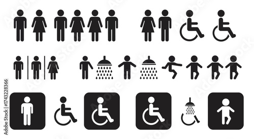Collection of restroom, shower, and accessibility signs in black and white.