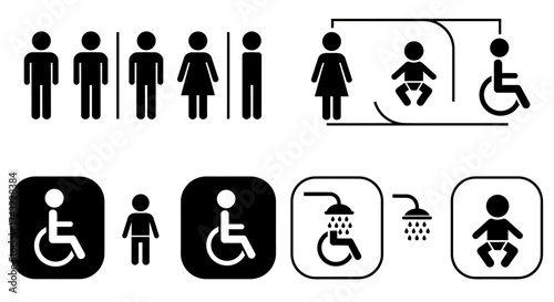 Collection of restroom and accessibility signs, including men, women, baby changing, and wheelchair access.