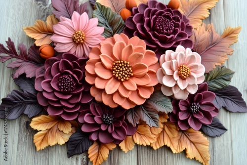 A detailed and vibrant arrangement of sculpted flowers and leaves in warm autumnal tones.