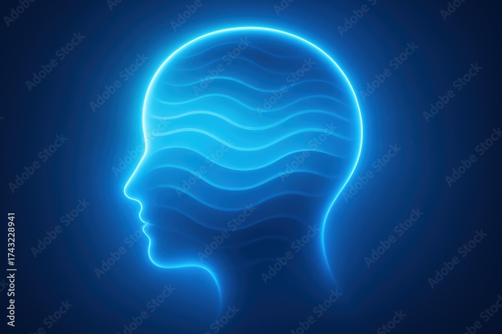 Fototapeta premium Abstract Blue Human Head with Wavy Lines
