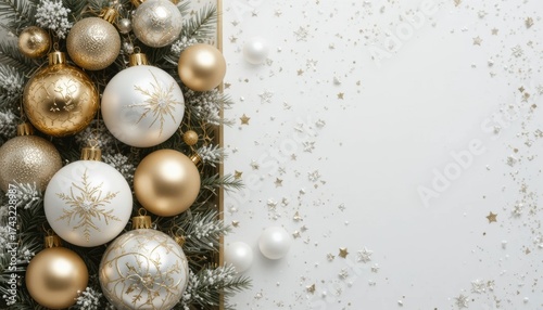 Christmas tree ornaments in gold and white with pine branches and glitter on a white background