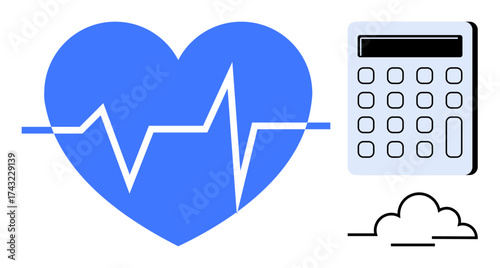Blue heart with heartbeat line, calculator, and cloud icon conveying healthcare, finance, and technology concepts. Ideal for health data, medical cost, cloud computing, wellness budgeting
