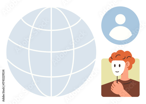 Globe, user avatar, and person with a mask conveying global networking, privacy, digital identity. Ideal for technology, communication, internet security, anonymity social media online privacy
