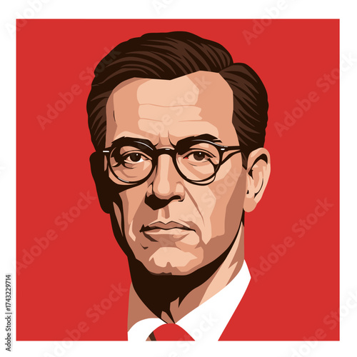 Bust of serious man in simplified angular vector form, face, hair, and background in separate solid colors, modern stylized illustration