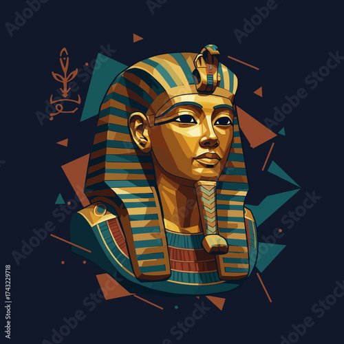 Bust of Tutankhamun in abstract angular shapes using four solid colors, dark blue background, modern vector illustration of stylized pharaoh