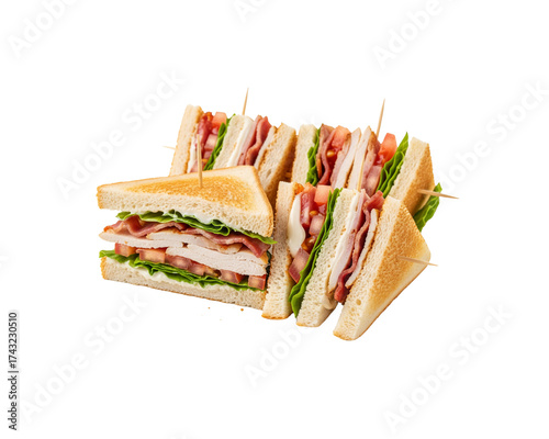 Delicious club sandwich with chicken bacon lettuce and tomato on toasted bread on transparent background