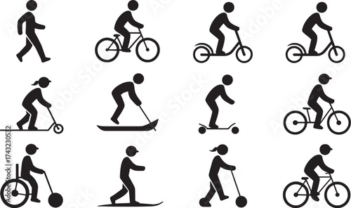 Vector Silhouette Collection of People Riding Bikes, Scooters, and Skateboards Diverse Set of Individuals Using Different Non-Motorized Transportation Modes for Fun and Travel