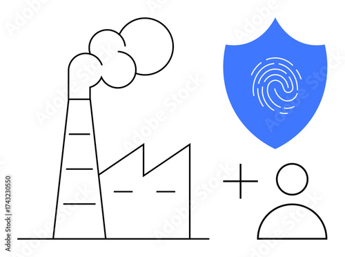 Factory with chimney emitting smoke, blue shield with fingerprint, user icon. Ideal for industrial safety, cybersecurity, data protection, identity security, privacy, safety protocols simple flat
