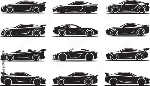 Vector Silhouette Collection of Modern Luxury Sports Cars and Race Vehicles Diverse Set of Dynamic Coupes and Convertible Roadsters with Spoilers and Sleek Design