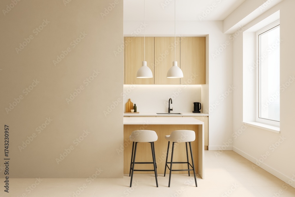 Fototapeta premium Modern minimalist kitchen interior with light wood cabinets, pendant lights, and clean beige walls for branding or design mockup background template.