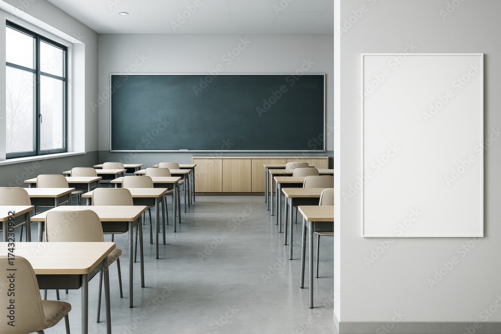 Fototapeta premium Modern classroom interior with wooden desks, large chalkboard, window light, and blank white frame on wall for template or branding concept.