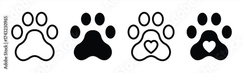 Pet paw icon set. Heart with dog, cat pet footprint. Paw print sign and symbol. Transparent Png and vector illustration