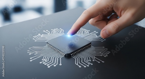 Human finger activates advanced microchip with glowing blue light