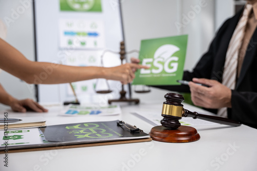 Esg compliance meeting corporate office business collaboration professional environment close-up view sustainability awareness