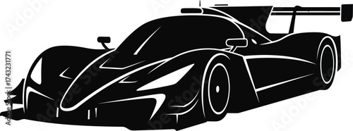 Silhouette of a sleek black race car isolated on white background, showcasing its aerodynamic design and powerful presence