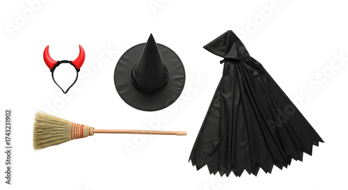 Halloween costume accessories: devil horns, witch hat, cape, and broom. Isolated on transparent background, png