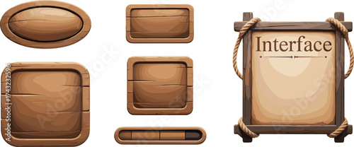 Cartoon wooden game UI elements set, vector illustration of wood buttons and frames, rustic interface assets for mobile adventure game