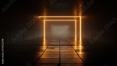 Fototapeta Naklejka Na Ścianę i Meble -  Futuristic tunnel with glowing orange rectangle frames