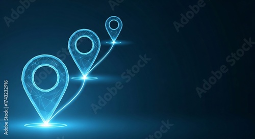 Digital map route with glowing blue location pins on dark background