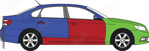 Colorful sedan car isolated on white background, showcasing a vibrant mix of blue, red, and green panels