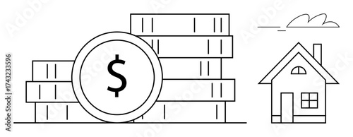 Stack of coins, dollar sign, and house representing property market, homeownership, and savings. Ideal for finance, real estate, mortgage investment wealth planning economy. Simple flat metaphor