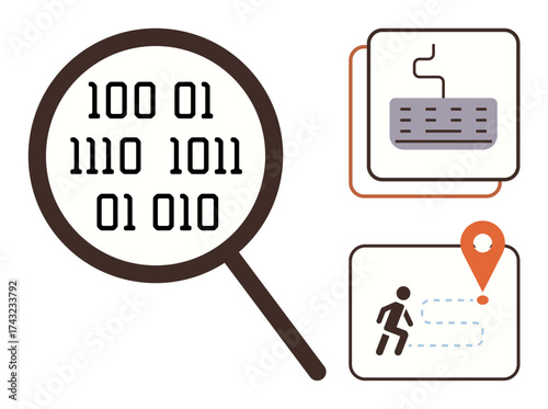 Magnifying glass over binary code, keyboard icon, and person navigation marker. Ideal for technology, data analysis, cybersecurity, coding, navigation tracking problem-solving. Simple flat metaphor