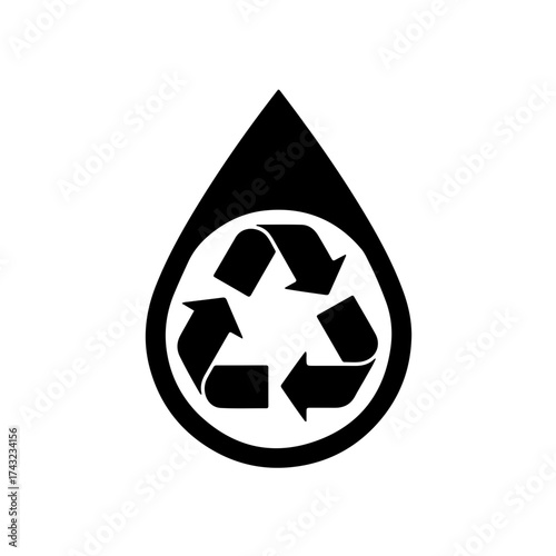 Water Recycling and Reuse Icon. A compelling black and white vector symbol featuring a single water drop gracefully enclosing the universal recycling symbol (three arrows forming a triangle)