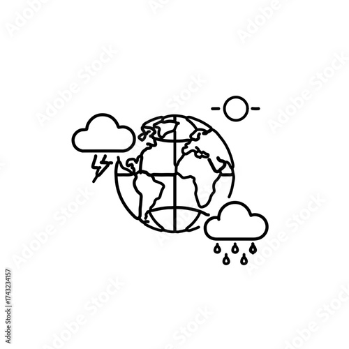 Global Weather and Climate Outline Icon. A sophisticated black and white vector graphic featuring a globe surrounded by minimalist weather symbols (sun, cloud, lightning, rain drop)