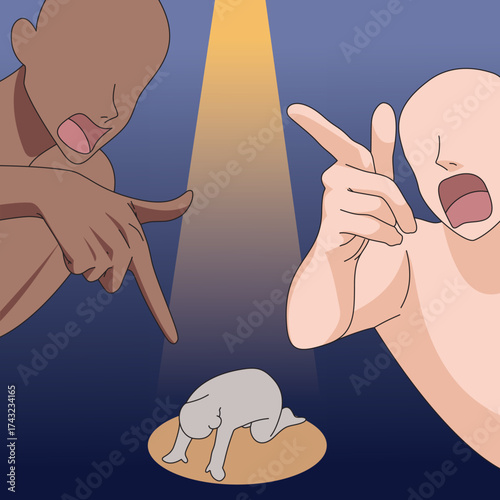 Illustration of two people shouting and blaming a crouched person under a spotlight. Concept of bullying, criticism, guilt, mental pressure, conflict, and public humiliation in modern society
