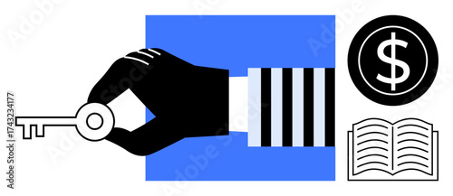 Black hand holding key in minimalist style with dollar sign and open book nearby. Ideal for finance, education, investment, success, opportunity, knowledge, and unlocking potential themes. Simple